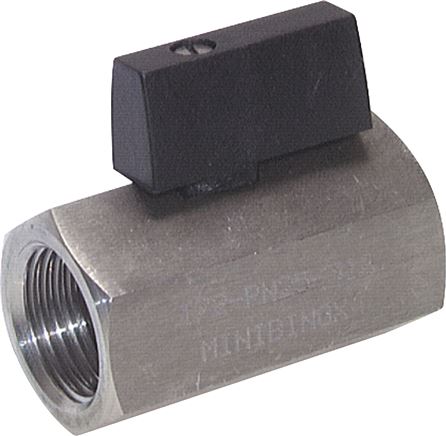 Exemplary representation: Stainless steel mini ball valve with toggle handle on one side, female thread