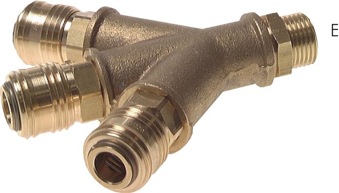 Exemplary representation: Air diverter with male thread & coupling socket NW 7.2, brass, 3-way