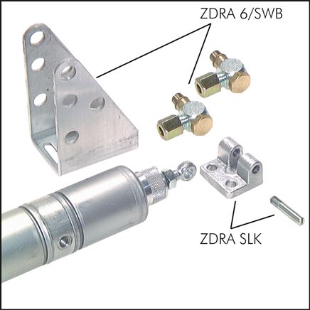 Exemplary representation: ZDRA 6/SWB (Swivel fastening with angled screwed pipe joint), ZDRA SLK (swivel bearing for piston rod)